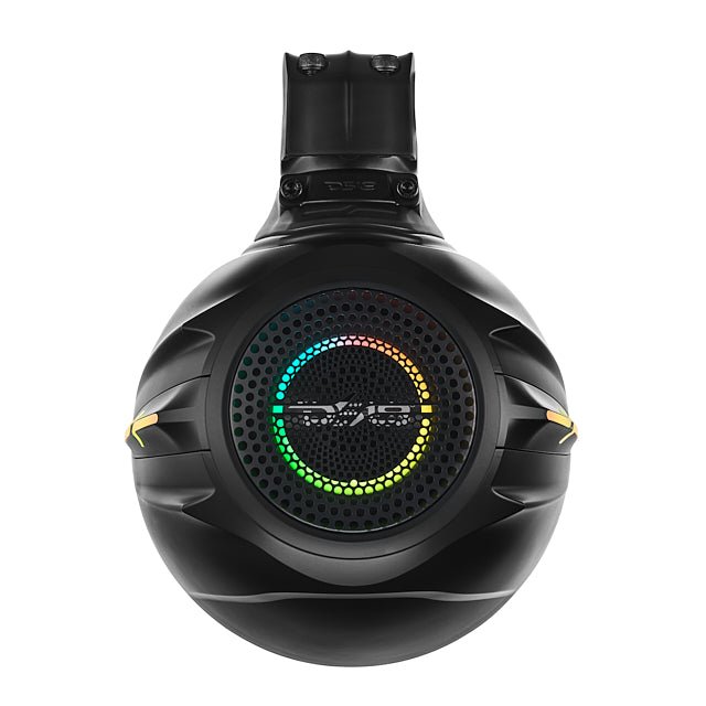 Rear view of a black DS18 tower speaker with a multicolor ring behind the perforated grille