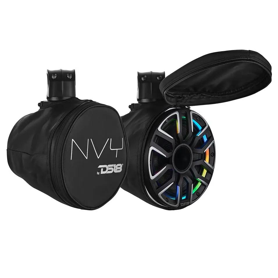 Black DS18 tower-speaker pair with zippered protective covers, one open to reveal the illuminated grille
