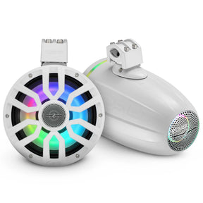 White DS18 tower speakers shown from front and rear angles with multicolor lighting and mounting clamps