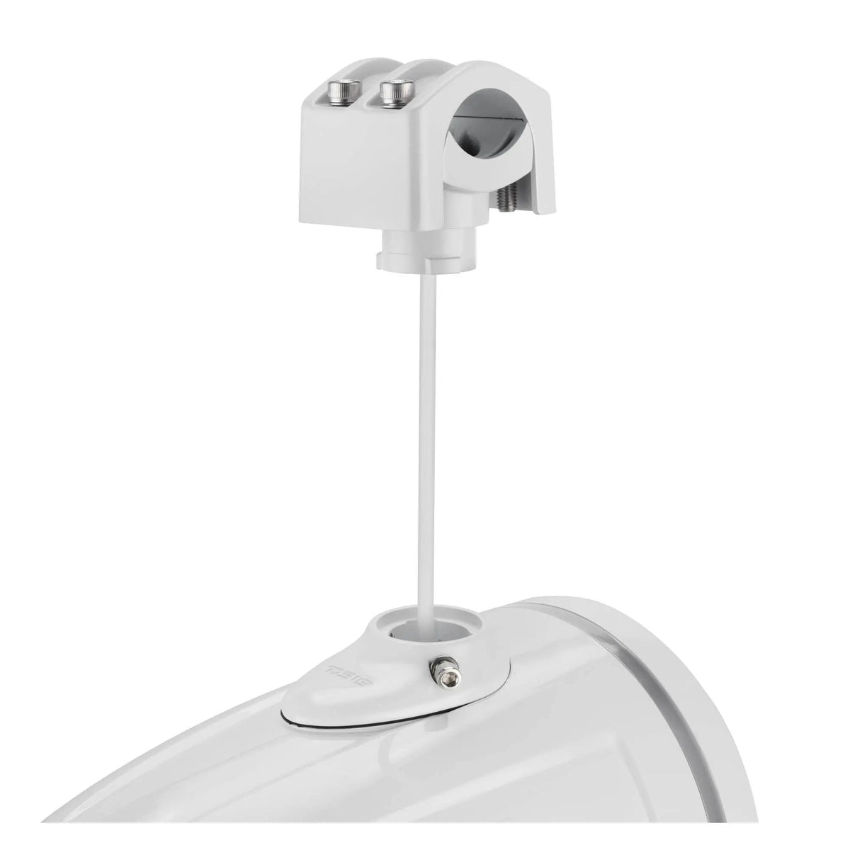 Close-up of a white tower-speaker clamp separated from its base by the mounting shaft