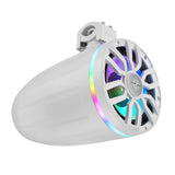 White DS18 tower speaker angled to show its left enclosure side and illuminated grille rim