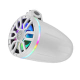 White DS18 tower speaker angled to show its right enclosure side and illuminated grille rim