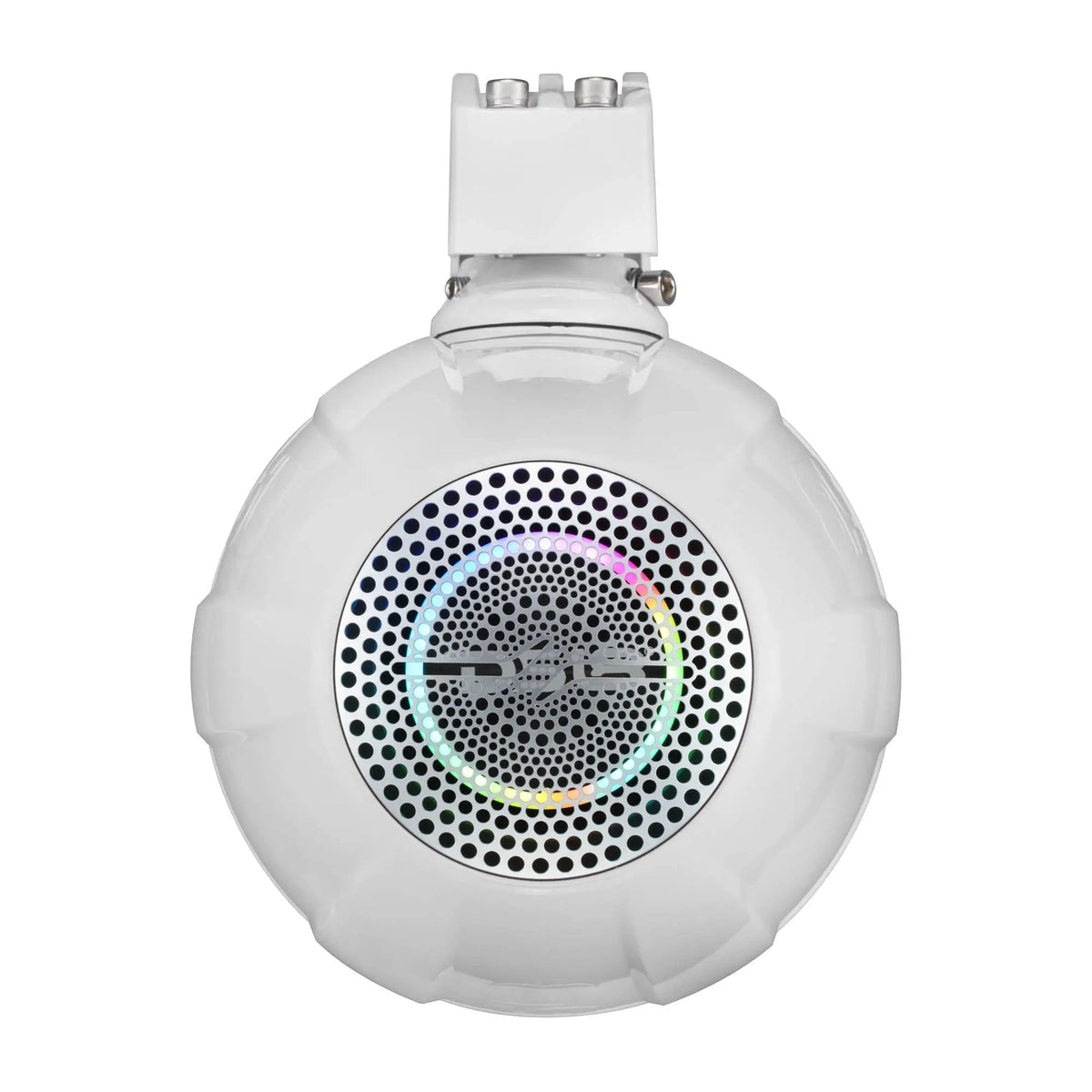 White DS18 tower-speaker pod with an illuminated rear grille and mounting clamp