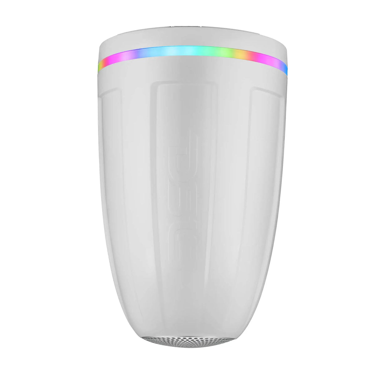 Rear view of a white tower-speaker housing with a multicolor light band near the rim