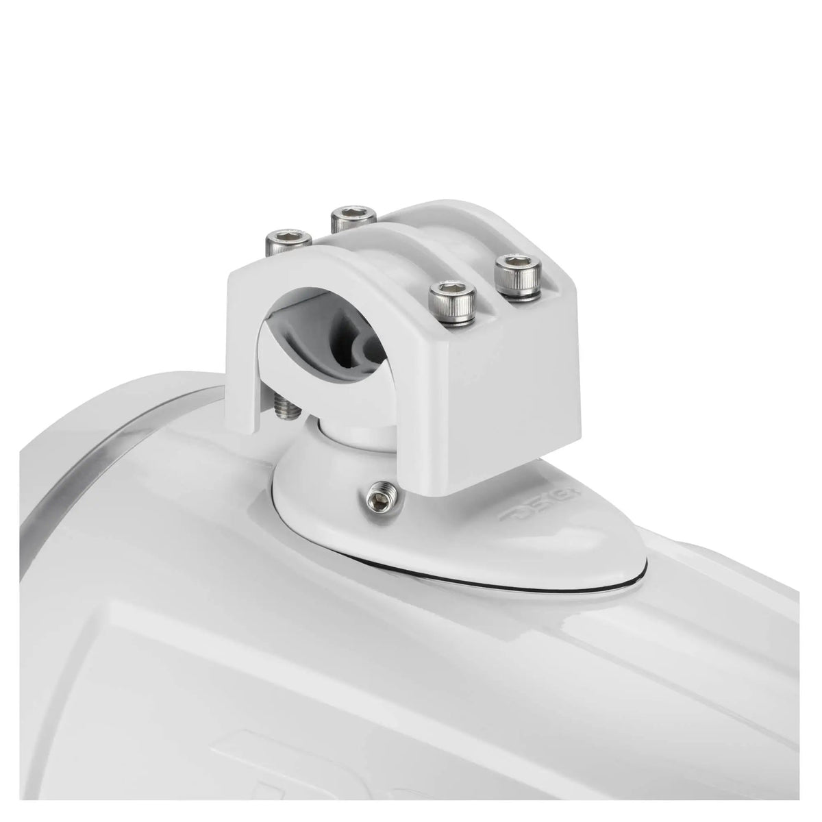 Close-up of a white tower speaker's mounting clamp, bolts and swivel base