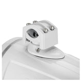 Close-up of a white tower speaker's mounting clamp, bolts and swivel base