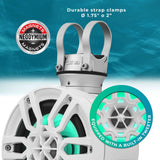 DS18 pod-speaker feature graphic: 1.75- or 2-inch strap clamps, neodymium magnets and built-in tweeter
