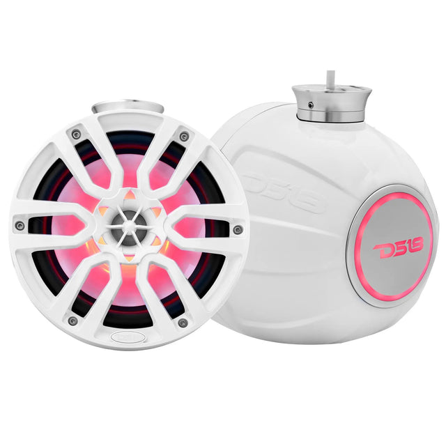 White DS18 pod speakers shown from the front and rear with pink-red lighting and short mounting bases.