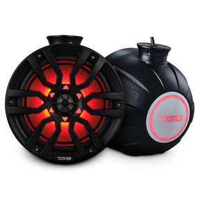 Two black DS18 speaker pods shown from the front and rear with red illuminated grille and logo badge