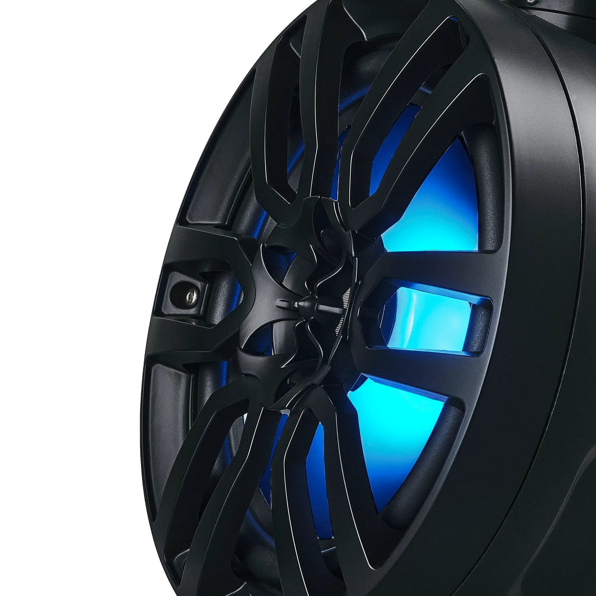 Close-up of a black DS18 speaker grille with blue illumination behind its spokes