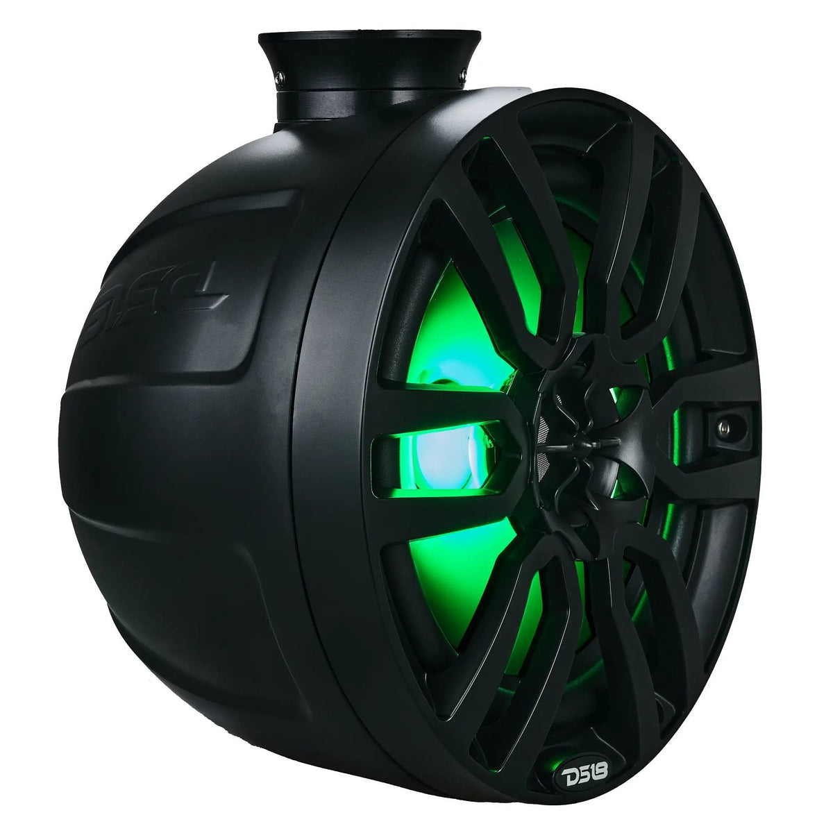 Angled front view of a black DS18 speaker pod with green illumination behind its grille