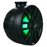 Angled front view of a black DS18 speaker pod with green illumination behind its grille