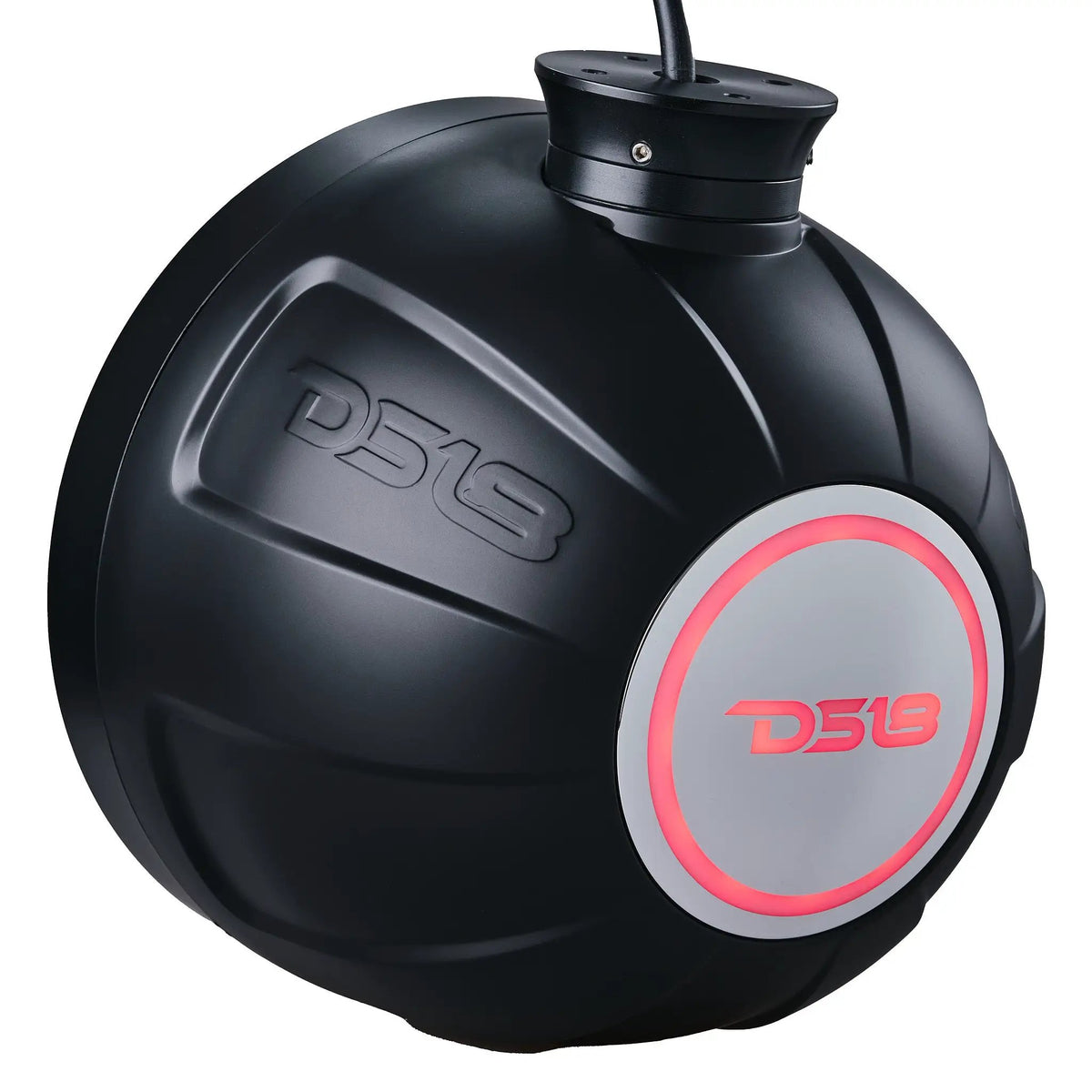 Rear of a black DS18 pod speaker with a pink-red illuminated logo ring, mounting base and cable.