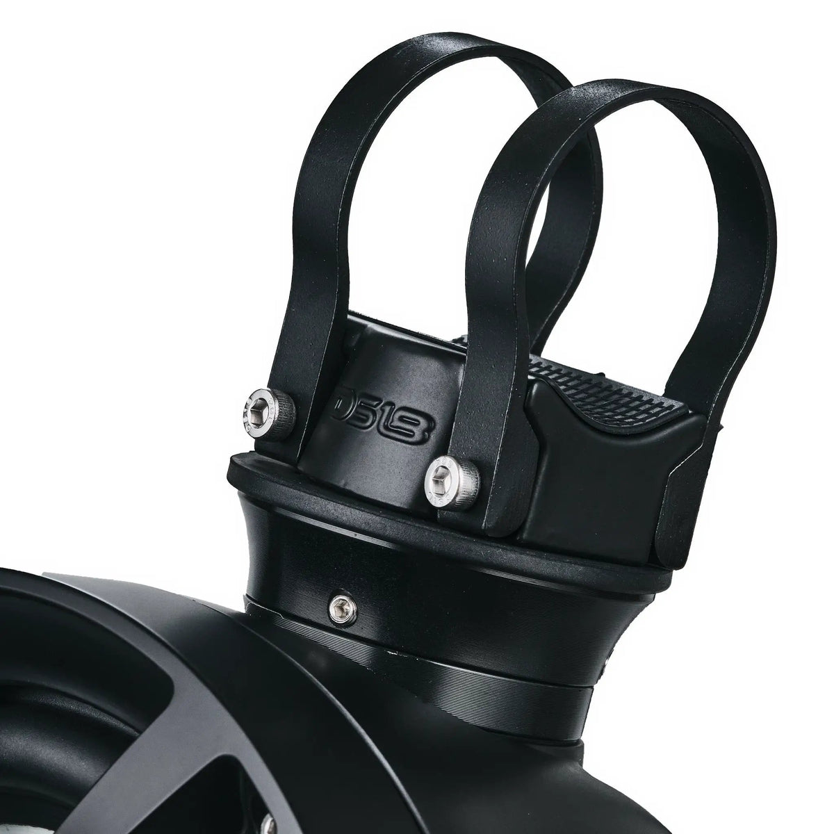 Close-up of the black twin-ring mounting clamp on a DS18 speaker pod