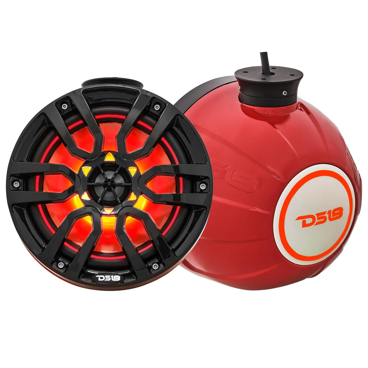 Red DS18 pod speakers shown from the front and rear with black grilles, red-orange lighting and short mounting bases.