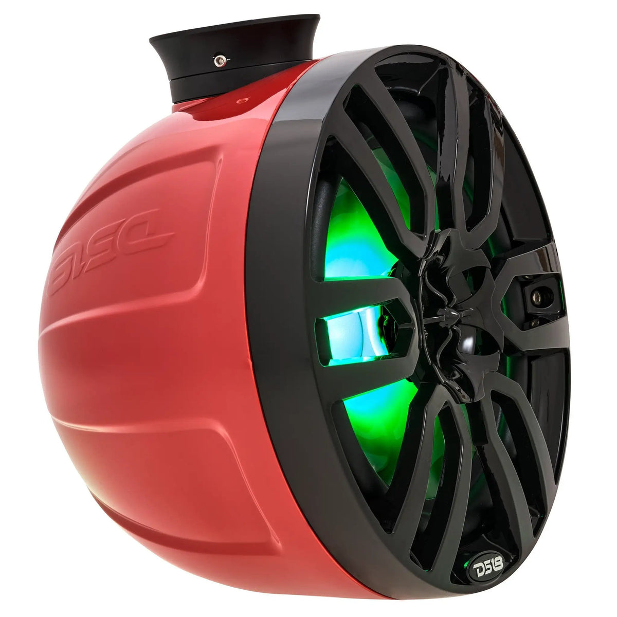 Angled view of a red DS18 pod speaker with a black grille, green-cyan illumination and a short mounting base.