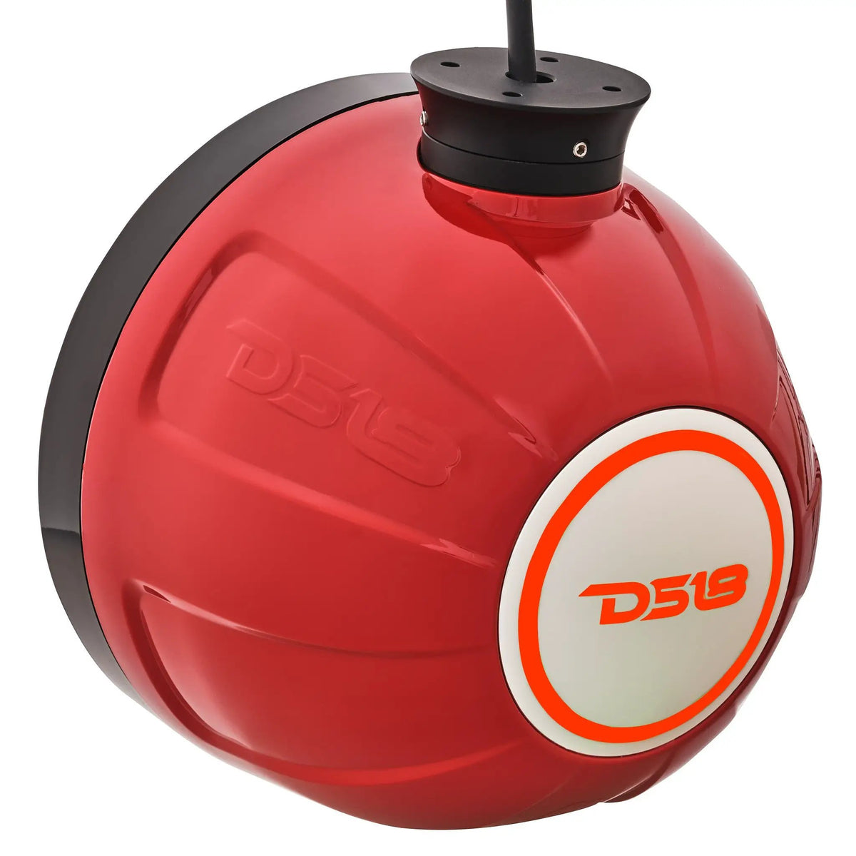 Rear view of a red DS18 speaker pod with an illuminated orange logo ring and top cable