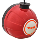 Rear view of a red DS18 speaker pod with an illuminated orange logo ring and top cable
