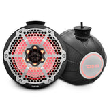 Two dark patterned DS18 speaker pods with a silver honeycomb grille and red illuminated rear logo badge