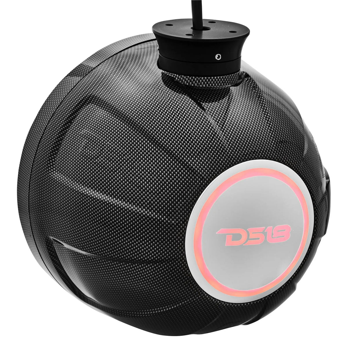 Rear view of a carbon-fiber-patterned DS18 speaker pod with a red illuminated emblem and mounting base