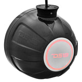 Rear view of a carbon-fiber-patterned DS18 speaker pod with a red illuminated emblem and mounting base