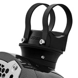 Close-up of a carbon-fiber-patterned DS18 speaker pod's black twin-loop mounting clamp