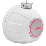 Rear of a white DS18 pod speaker with a pink-red illuminated logo ring, silver mounting base and cable.