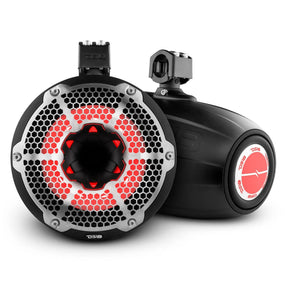 Black DS18 tower speakers shown from the front and rear with large central drivers and red lighting