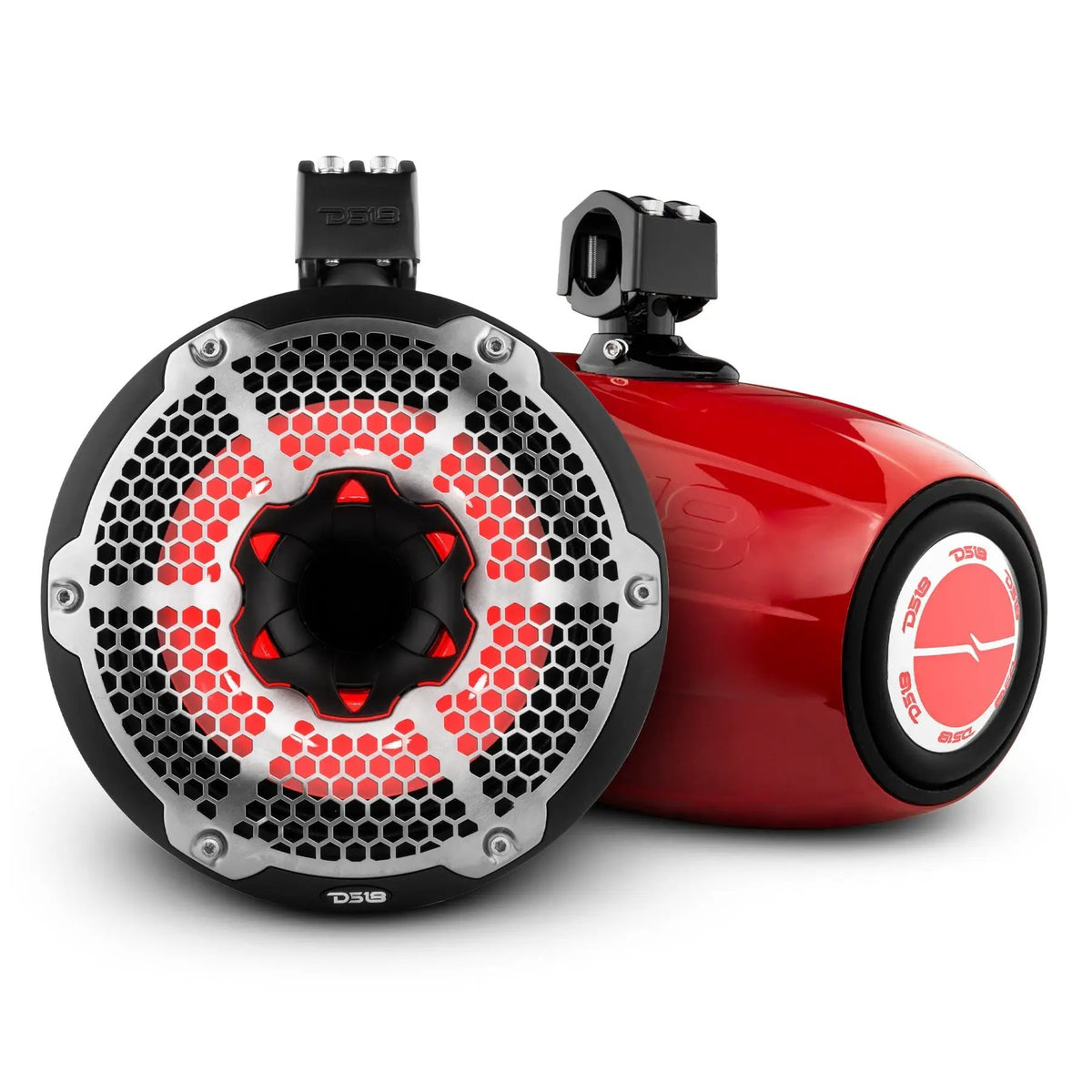 Red DS18 tower speakers shown from the front and rear with large central drivers and red lighting