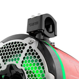 Close-up of a red tower speaker's mounting clamp and silver honeycomb grille with green lighting