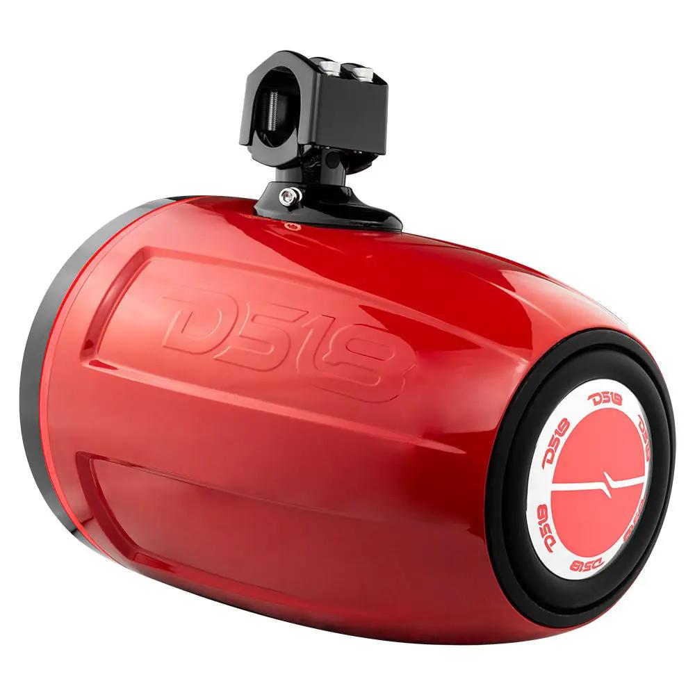 Rear three-quarter view of a red DS18 tower speaker with a black clamp mount and circular emblem