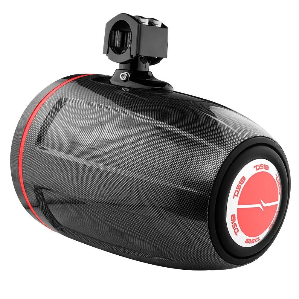 Rear angled view of a carbon-fiber-patterned DS18 tower speaker with a red illuminated emblem and mounting clamp