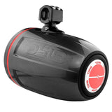 Rear angled view of a carbon-fiber-patterned DS18 tower speaker with a red illuminated emblem and mounting clamp