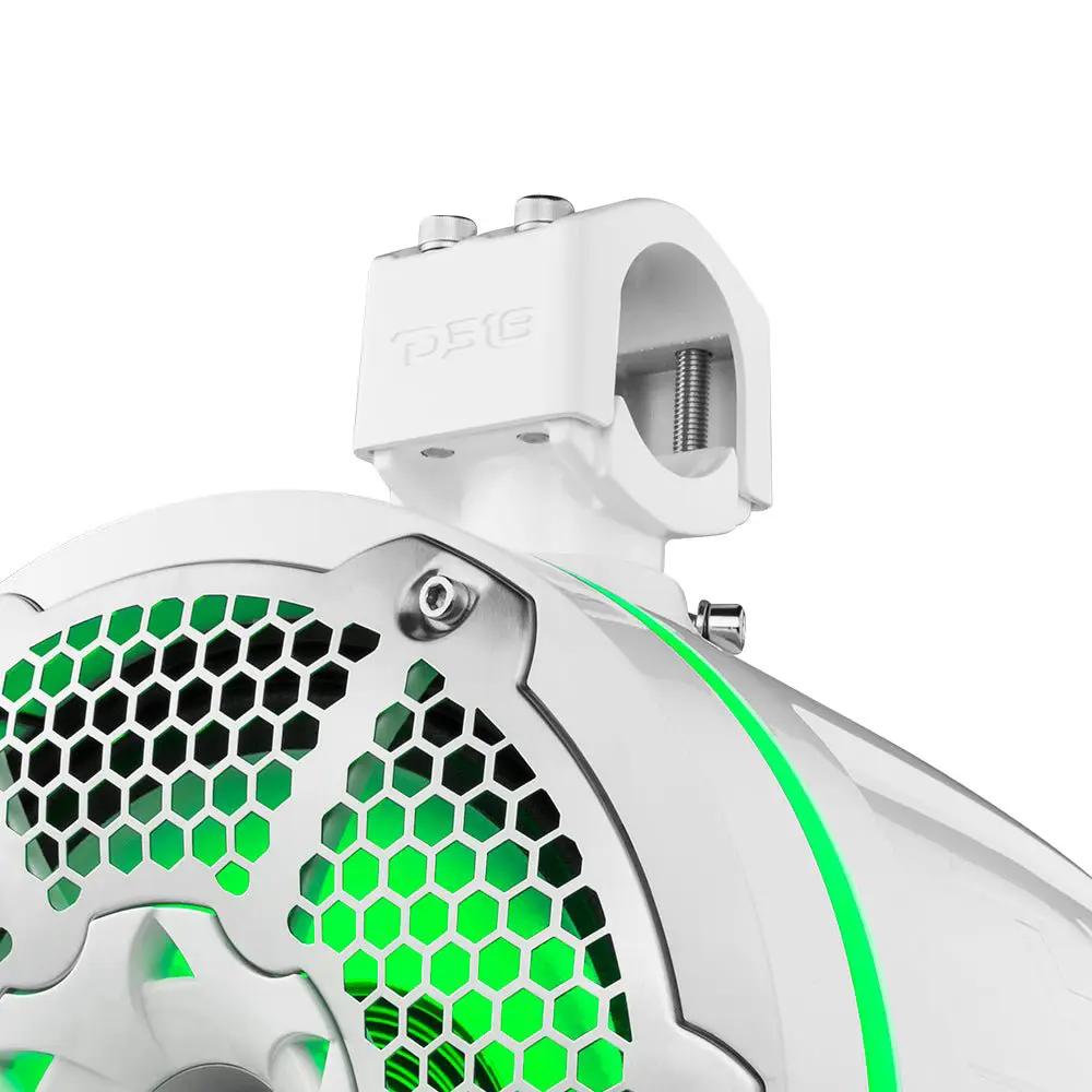 Close-up of a white DS18 tower-speaker clamp, silver honeycomb grille and green illumination