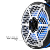 DS18 tower-speaker graphic highlighting a built-in central driver for a wider frequency range, behind a silver honeycomb grille with blue lighting