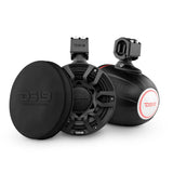 Black DS18 tower speakers shown from the front and rear with a round protective cover