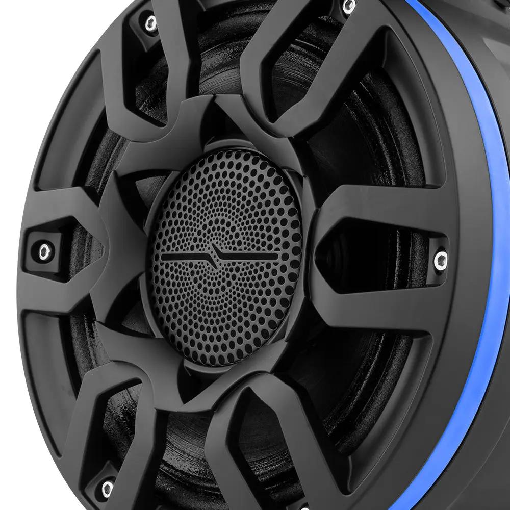 Close-up of a black speaker's grille, perforated central tweeter and blue illuminated outer ring