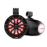 Black DS18 tower speakers shown from front and rear angles with red lighting and mounting clamps