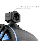 DS18 tower-speaker clamp graphic specifying 1–2-inch adjustment and 360-degree rotation