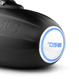 Close-up of a black DS18 speaker pod rear with a blue illuminated DS18 emblem