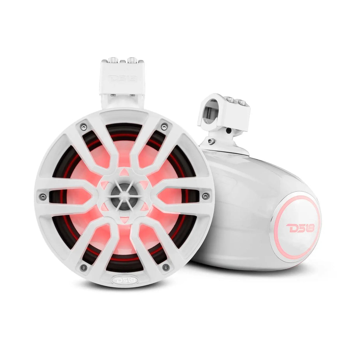 Pair of white DS18 tower-speaker pods with red illumination, front and rear views