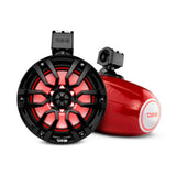 Red DS18 tower speakers shown from the front and rear with red lighting and black mounting clamps