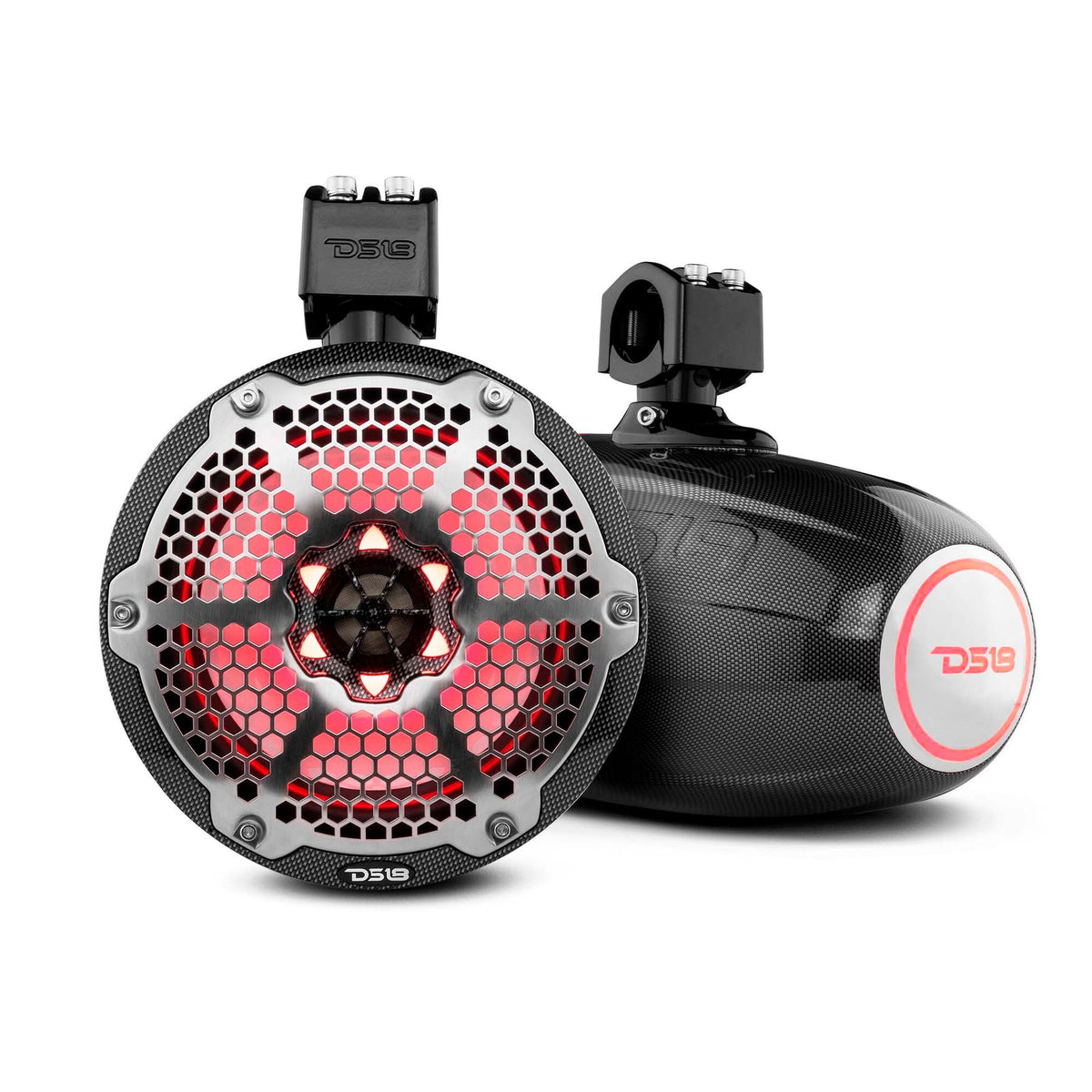 Carbon-fiber-patterned DS18 tower speakers shown from front and rear angles with red lighting and silver honeycomb grilles