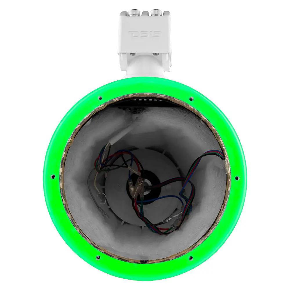 Front of the white DS18 NXL-X8TP/WH.NS unloaded pod with green illuminated ring and exposed interior wires