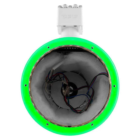 Front of the white DS18 NXL-X8TP/WH.NS unloaded pod with green illuminated ring and exposed interior wires