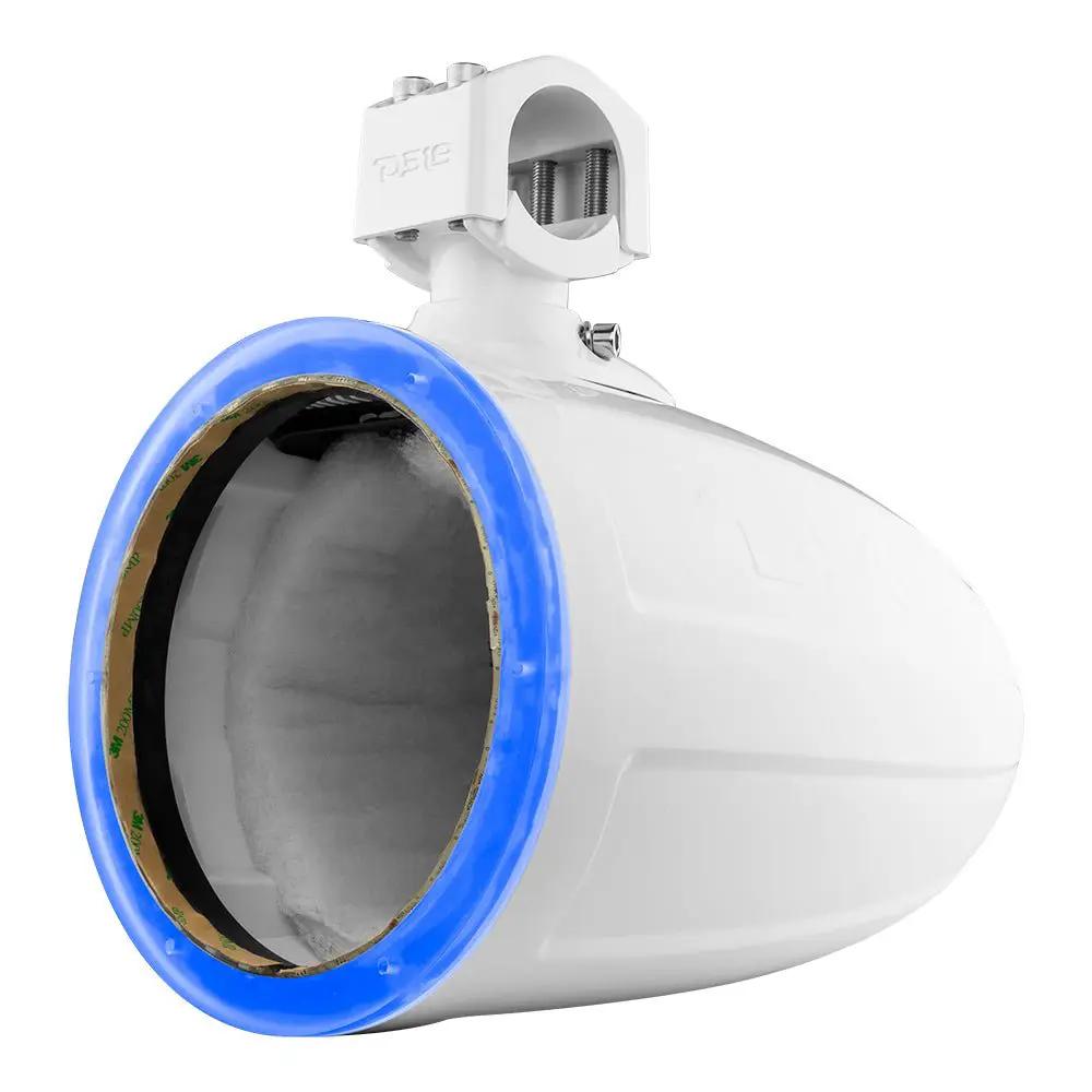 White DS18 unloaded speaker pod with its grille removed and blue illuminated ring visible