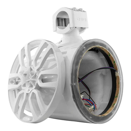 White DS18 unloaded tower speaker pod with a mounting clamp and detached white grille