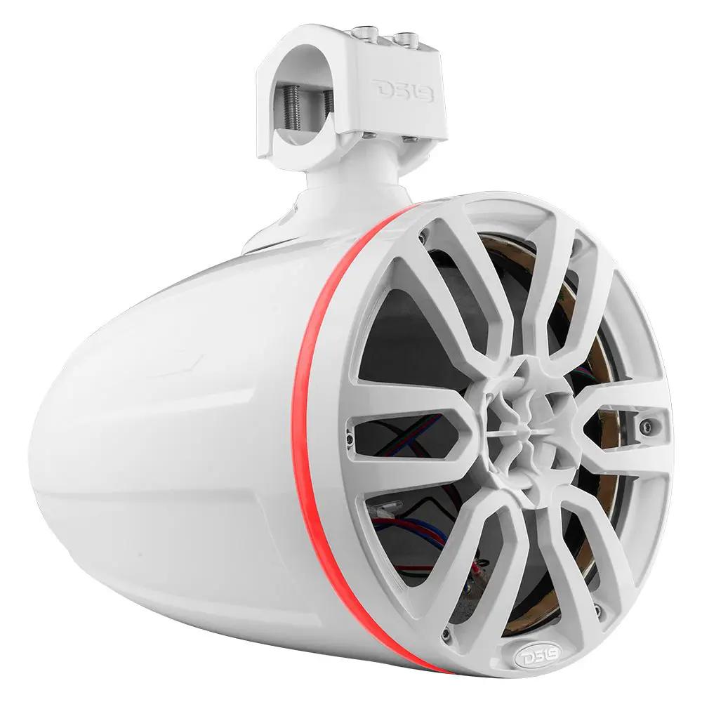 White DS18 speaker pod with a spoke grille, red light ring and top mounting clamp