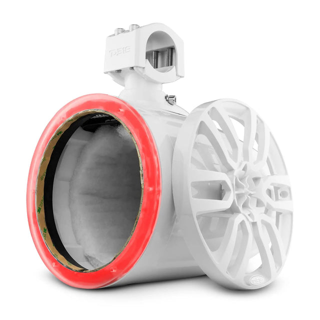 Empty white DS18 speaker pod with red accent ring, mounting clamp and detached grille
