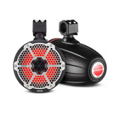Black DS18 tower speakers shown from the front and rear with honeycomb grilles and red lighting
